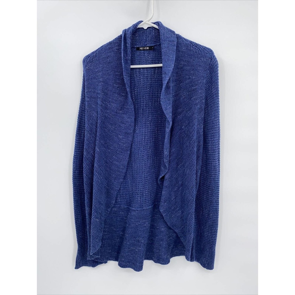 Nic + Zoe Waterfall Open Front Long Sleeve Knit Sweater Cardigan Blue Large